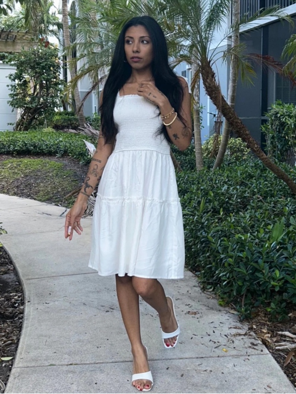 White Smocked Mini Dress Square Neck Tie Strap A-Line Summer Dress